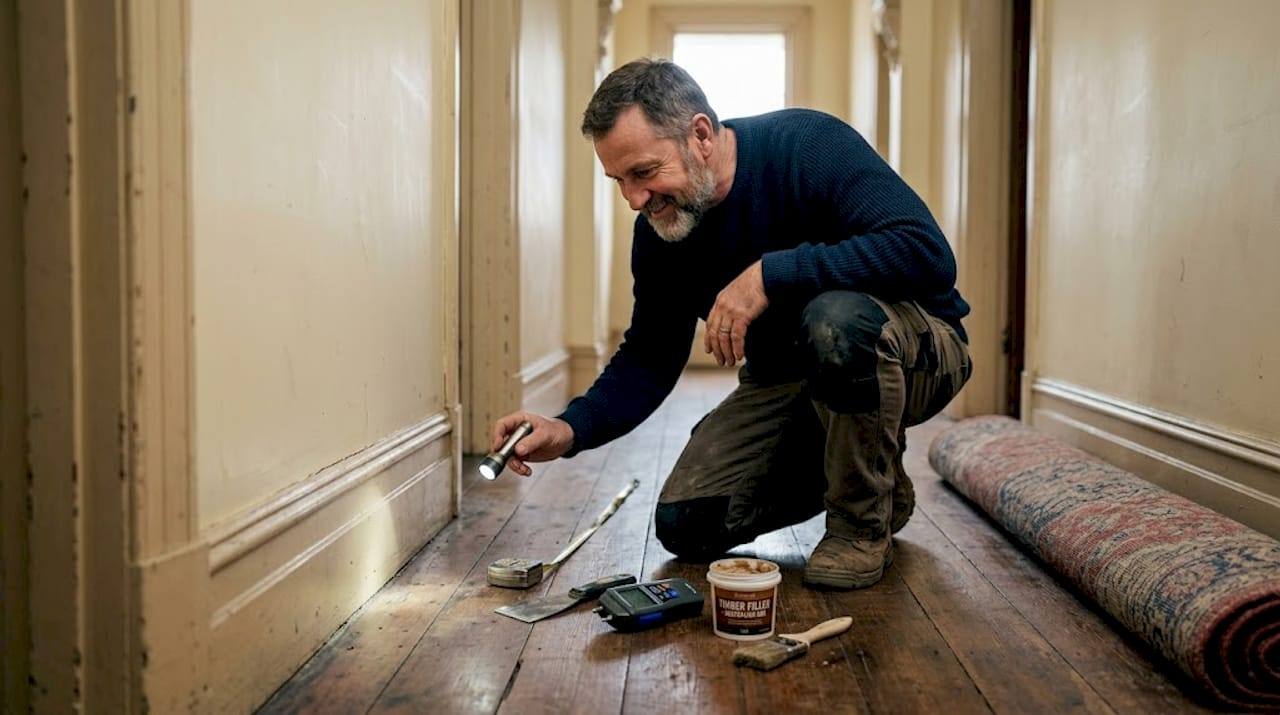 Inspecting cracks in heritage timber floor