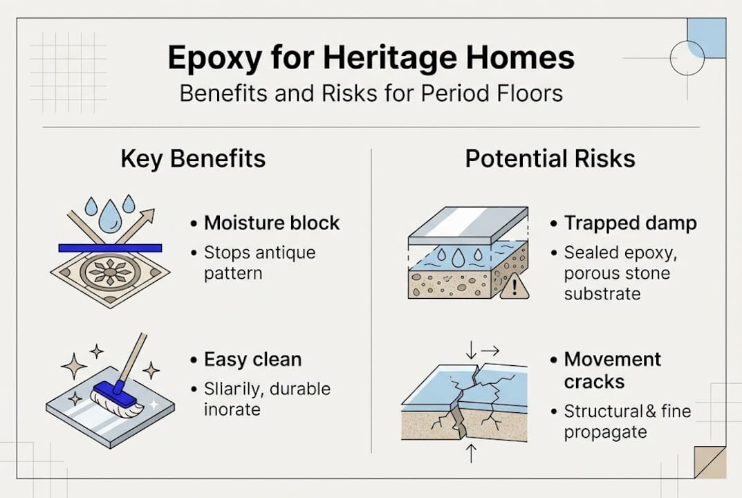 Infographic of epoxy benefits and risks heritage floors