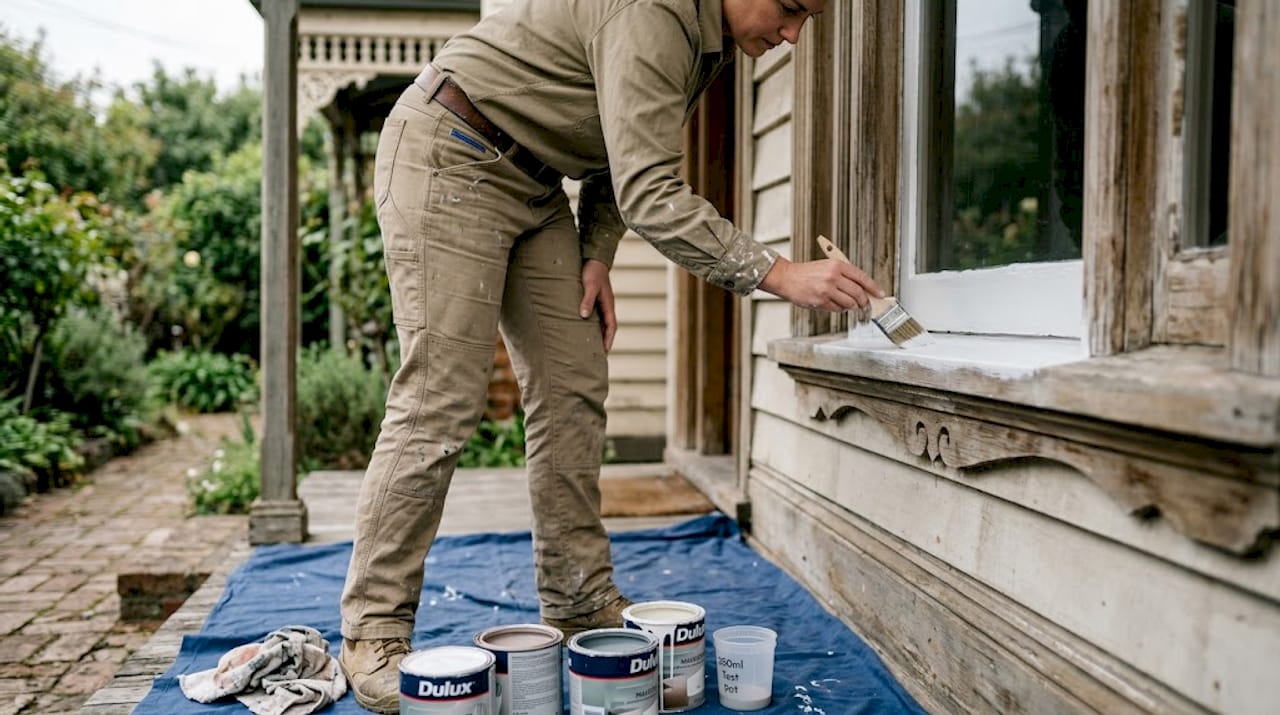 Painter brushing weatherproof paint on timber sill