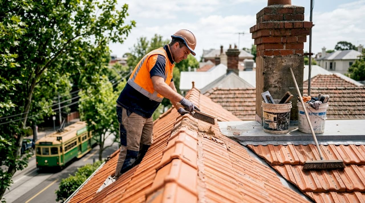 Worker cleans restored terracotta roof tiles