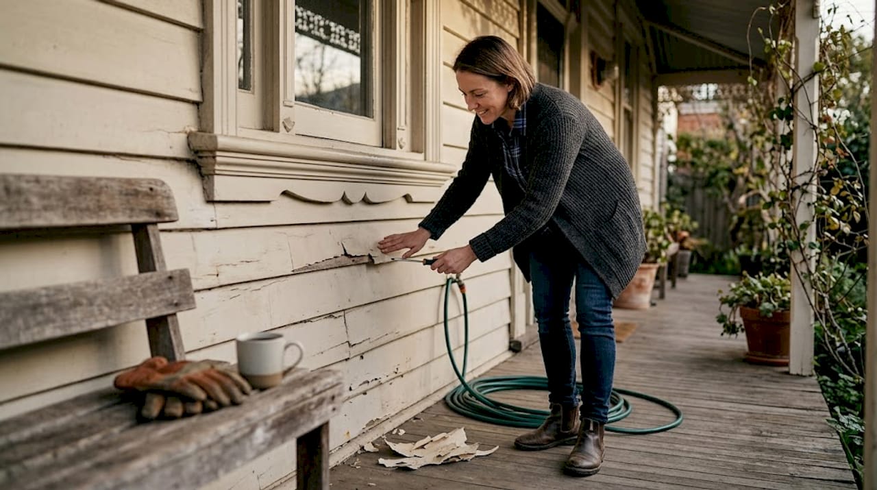 Woman inspecting cracked weatherboards and peeling paint
