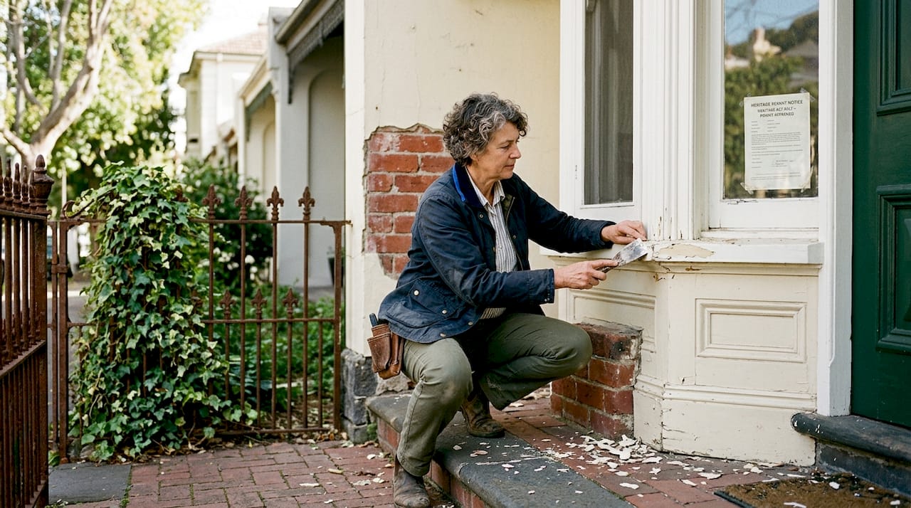 Expert inspecting paintwork on Victorian terrace