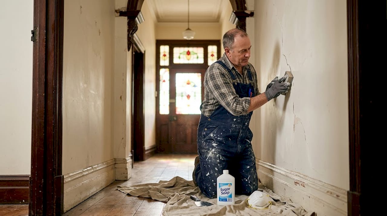 Man sanding old plaster on Edwardian wall