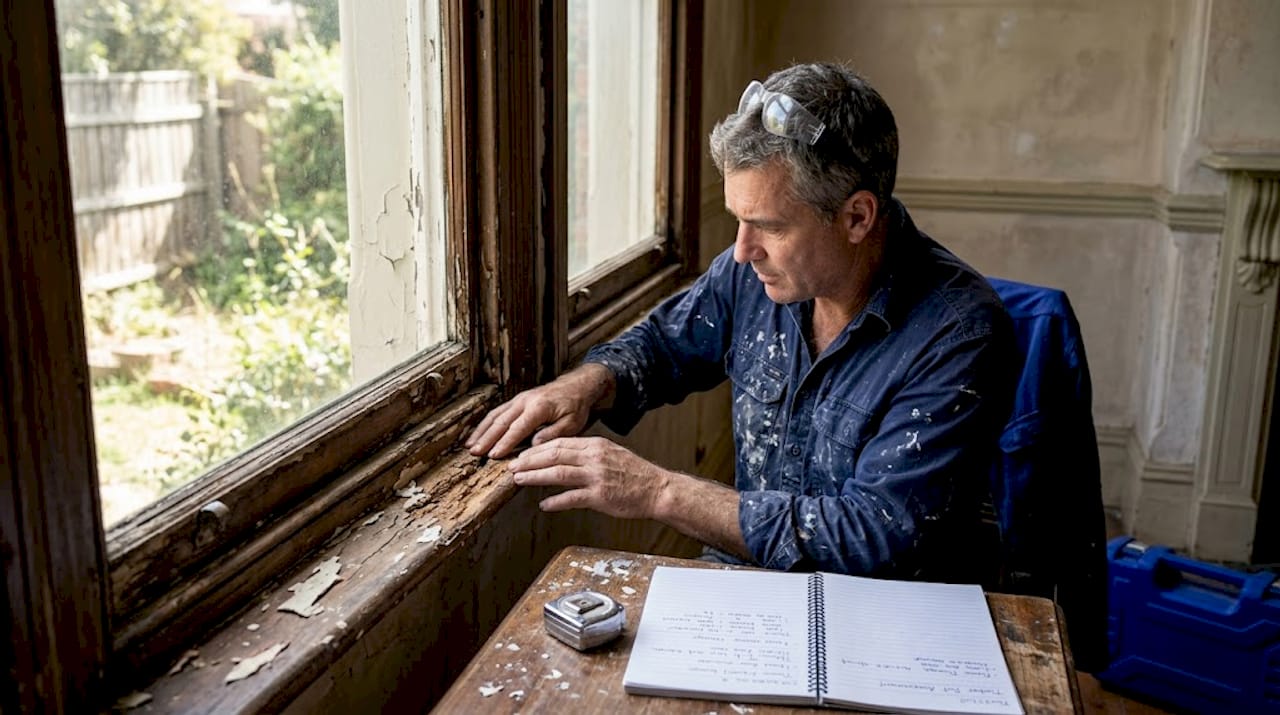 Worker checks damaged heritage window frame