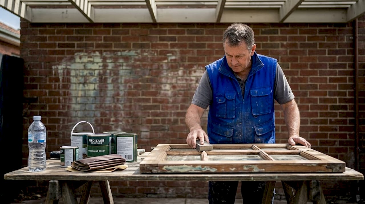 Tradesperson sanding frame for paint preparation