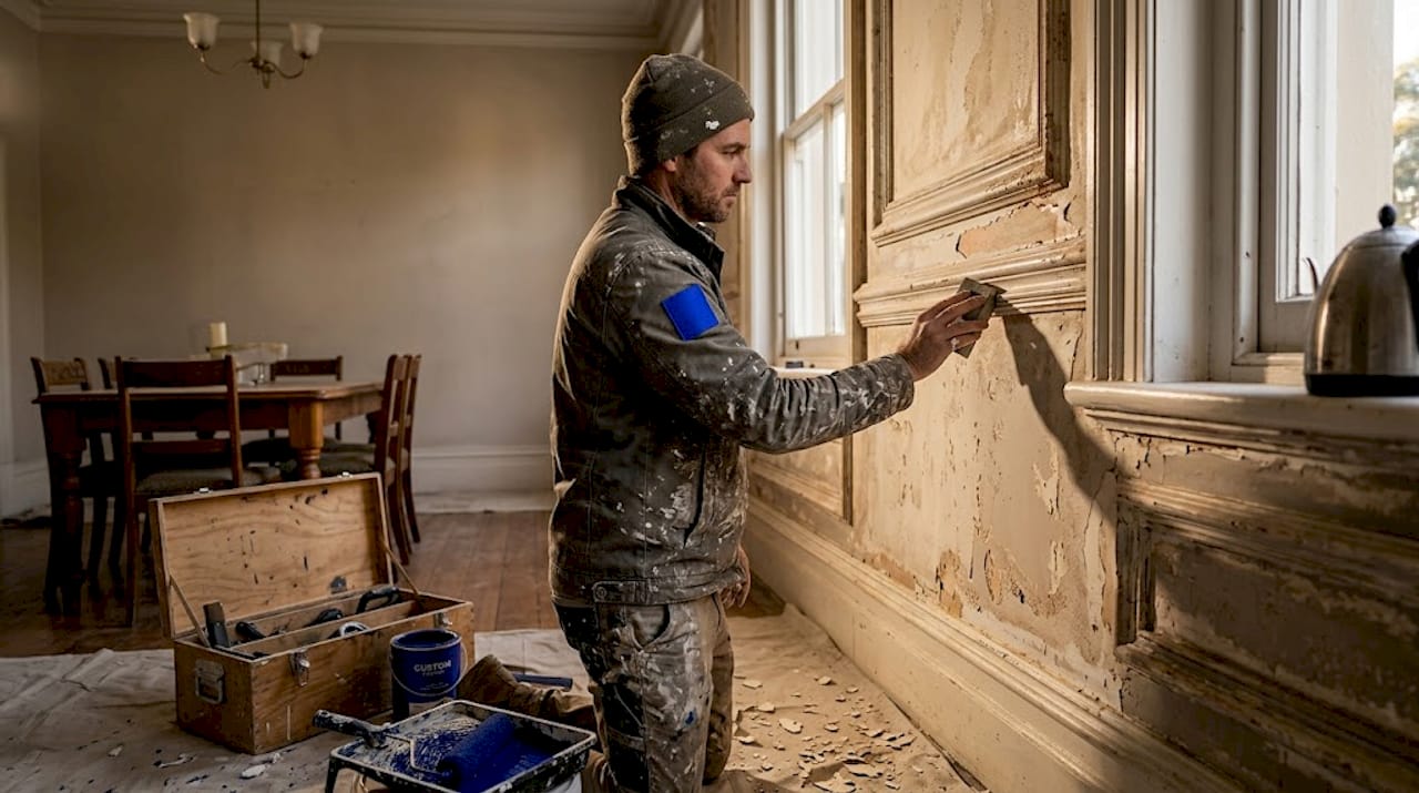 Heritage painter sanding period home’s interior wall