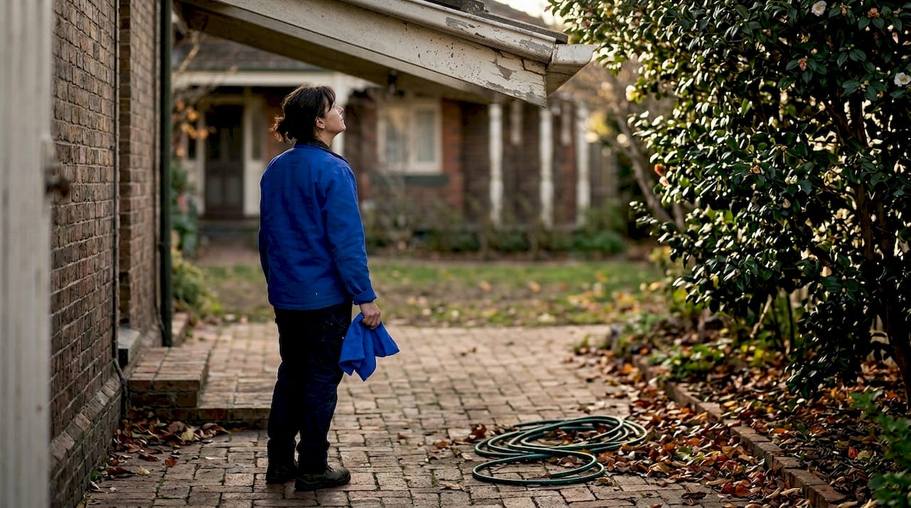 Woman examining paint on timber gutters