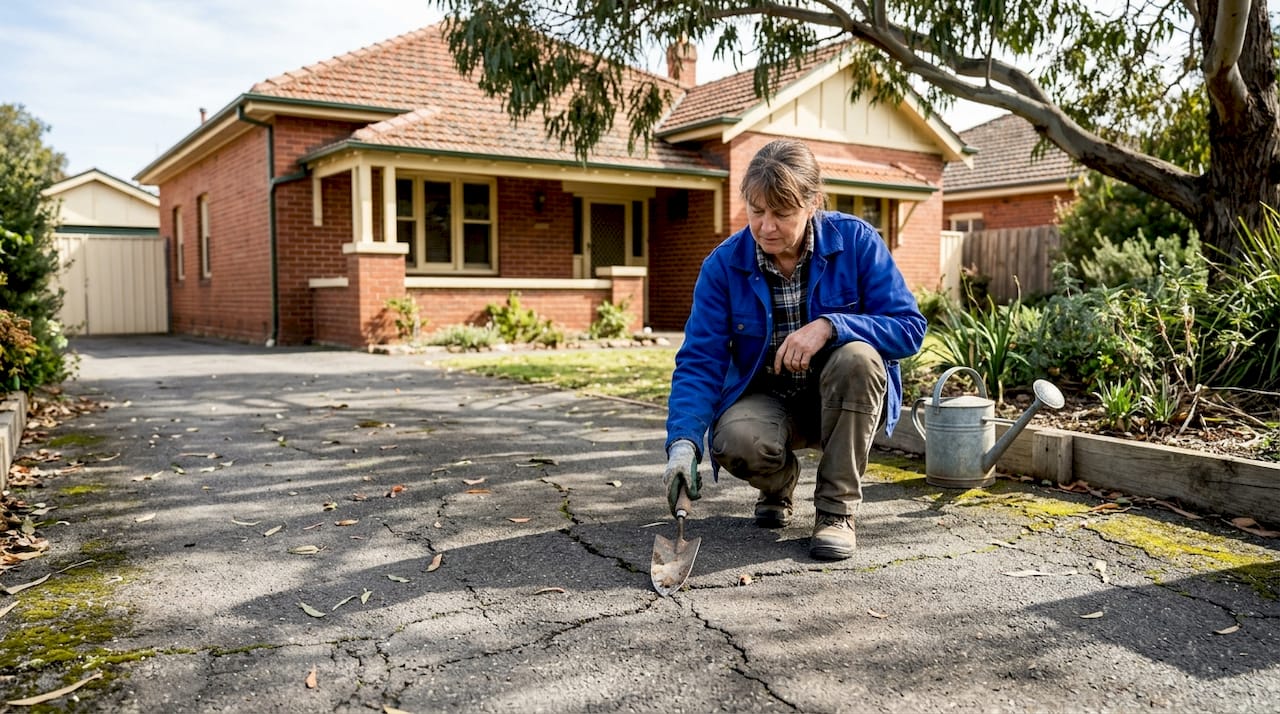 Woman examines cracked asphalt driveway near heritage home