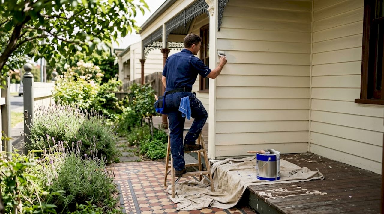 Painter brushing cream paint on Edwardian home