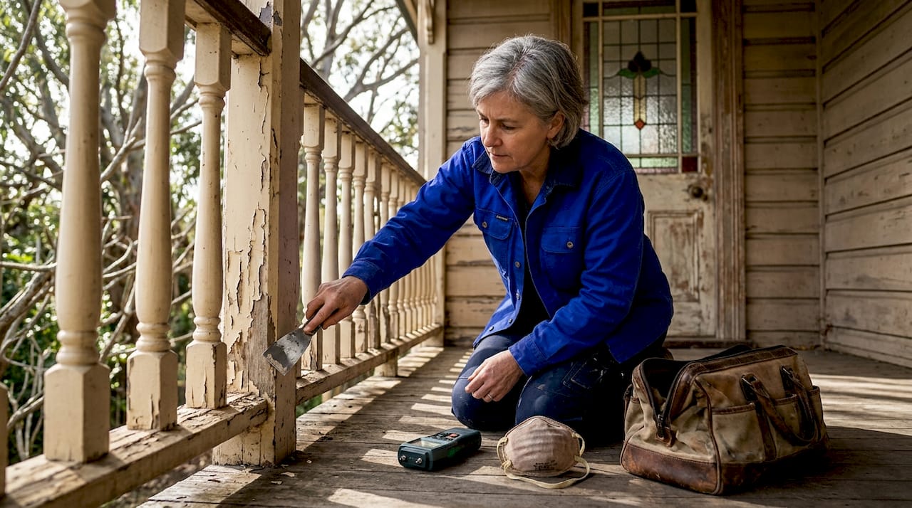 Woman preparing timber for painting on verandah