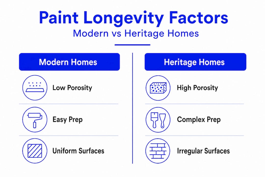 Infographic comparing paint factors for modern and heritage homes