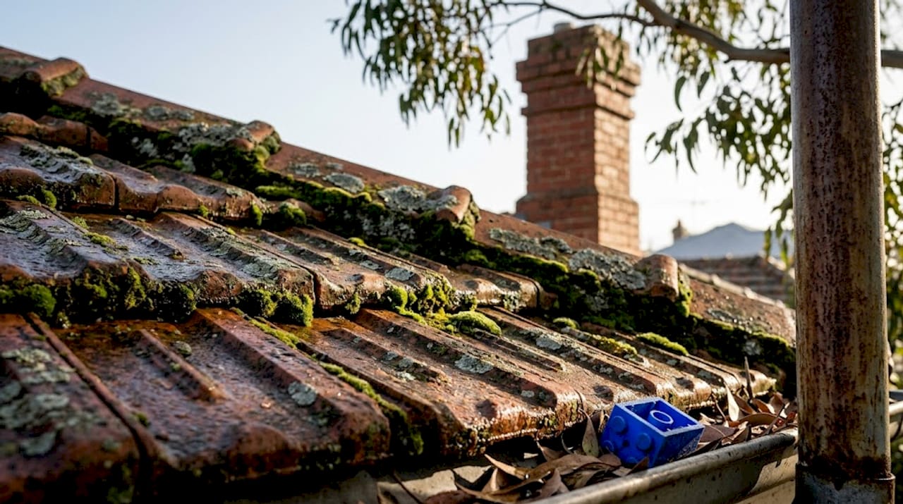 Moss and lichen on old terracotta roof tiles