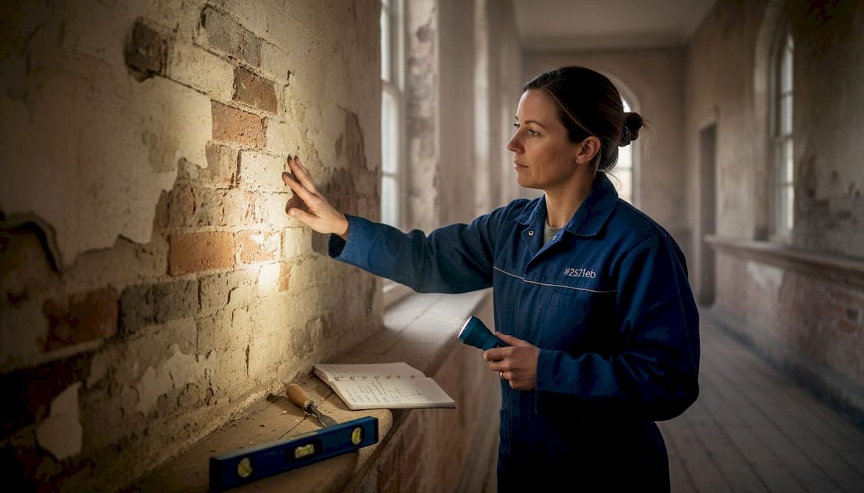 Expert inspecting salt damage on old wall