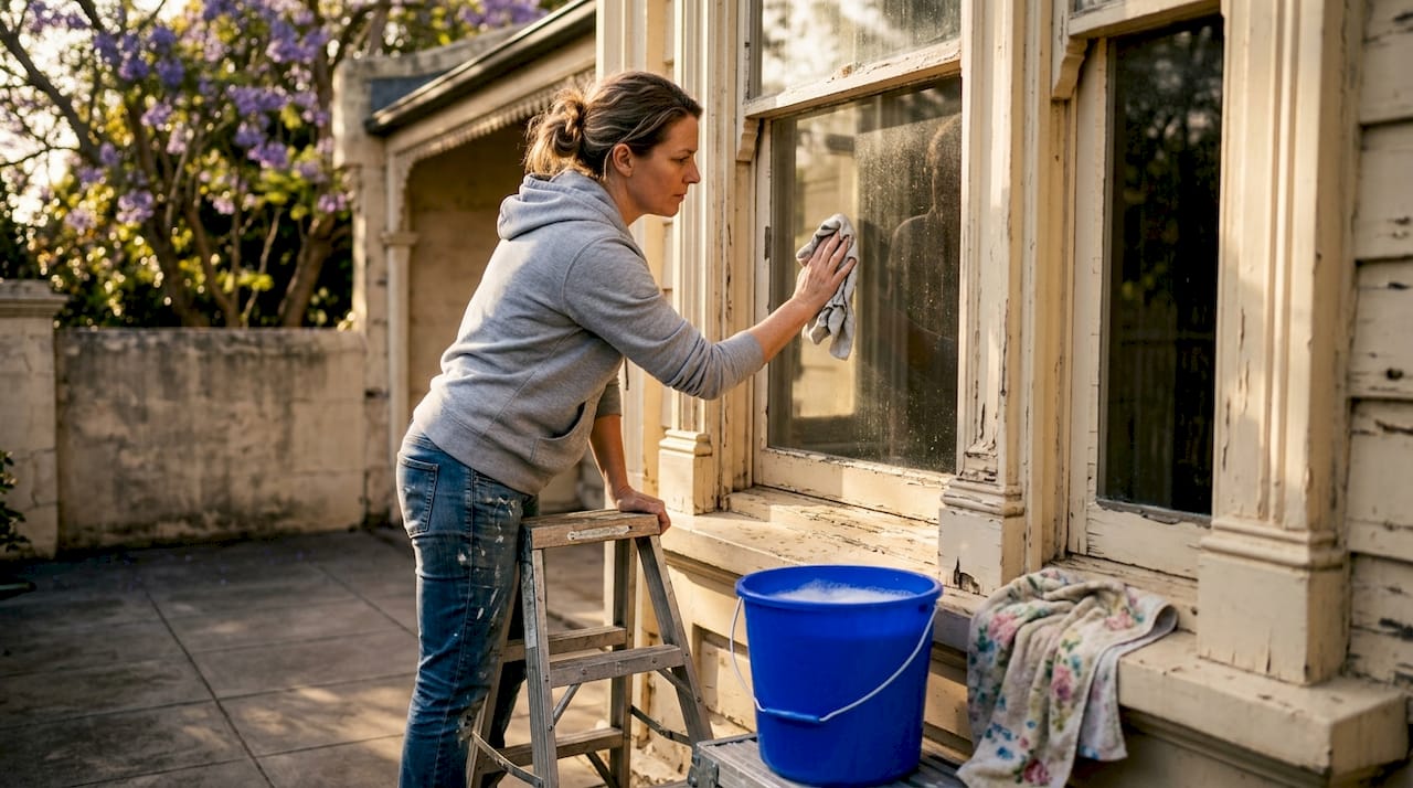 Woman cleaning ornate period house window