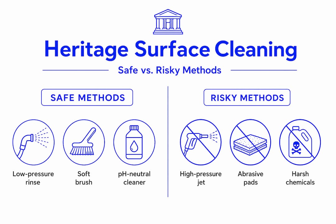 Infographic showing safe and risky heritage exterior cleaning