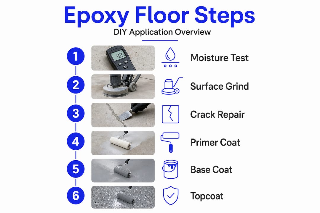 Infographic outlining steps to epoxy floor application