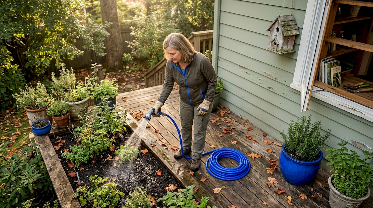 Woman pre-wetting garden beds before cleaning