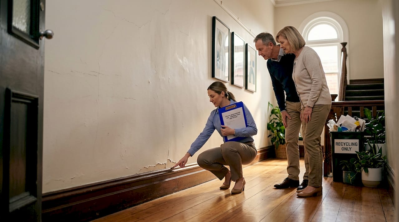 Owners and manager inspecting hallway paintwork