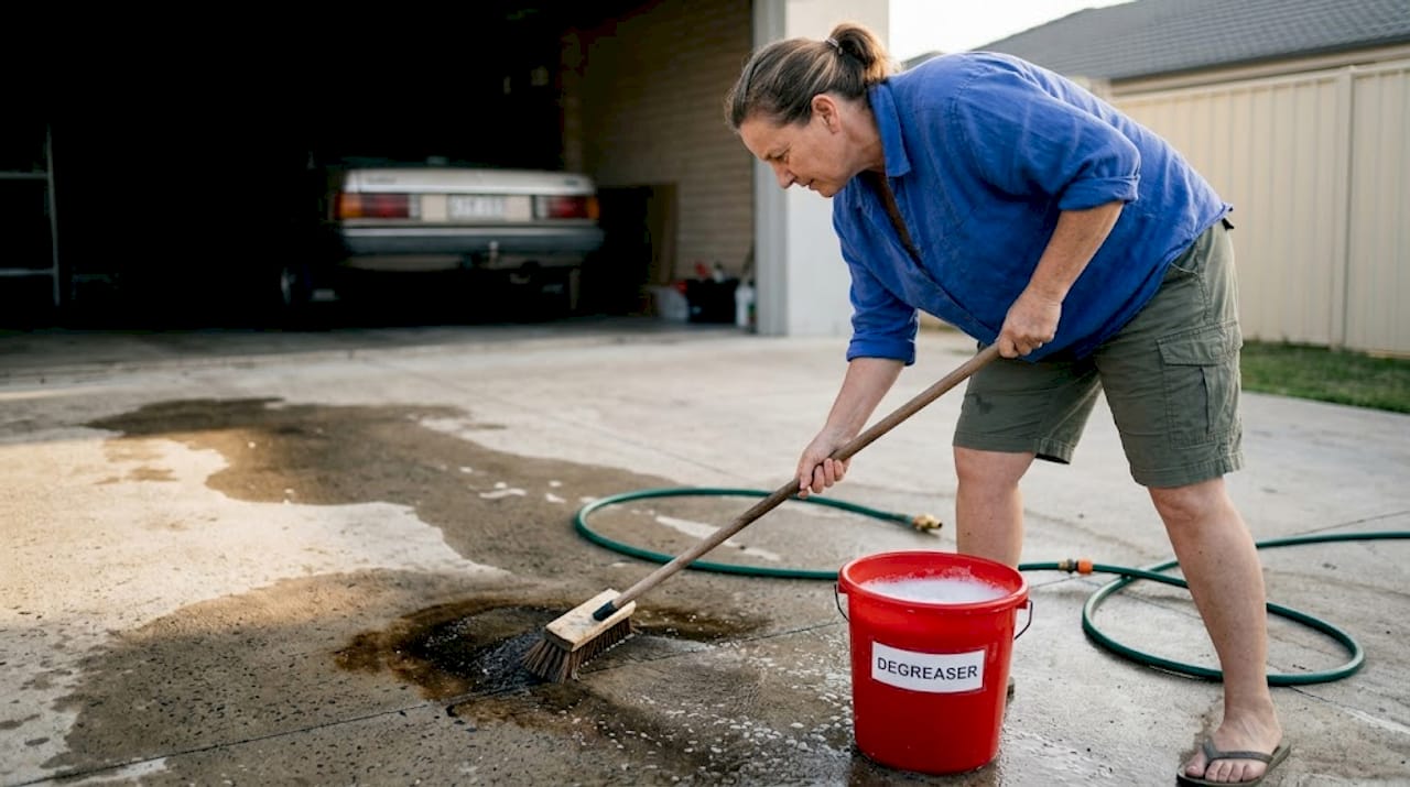 Scrubbing oil stains on concrete driveway