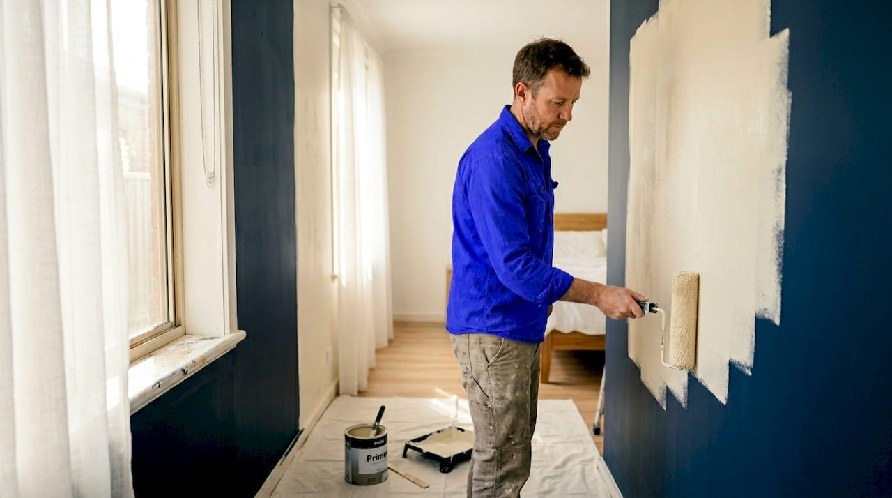 Painter priming over dark hallway wall for color change