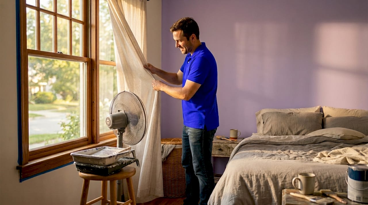 Man airing out freshly painted bedroom