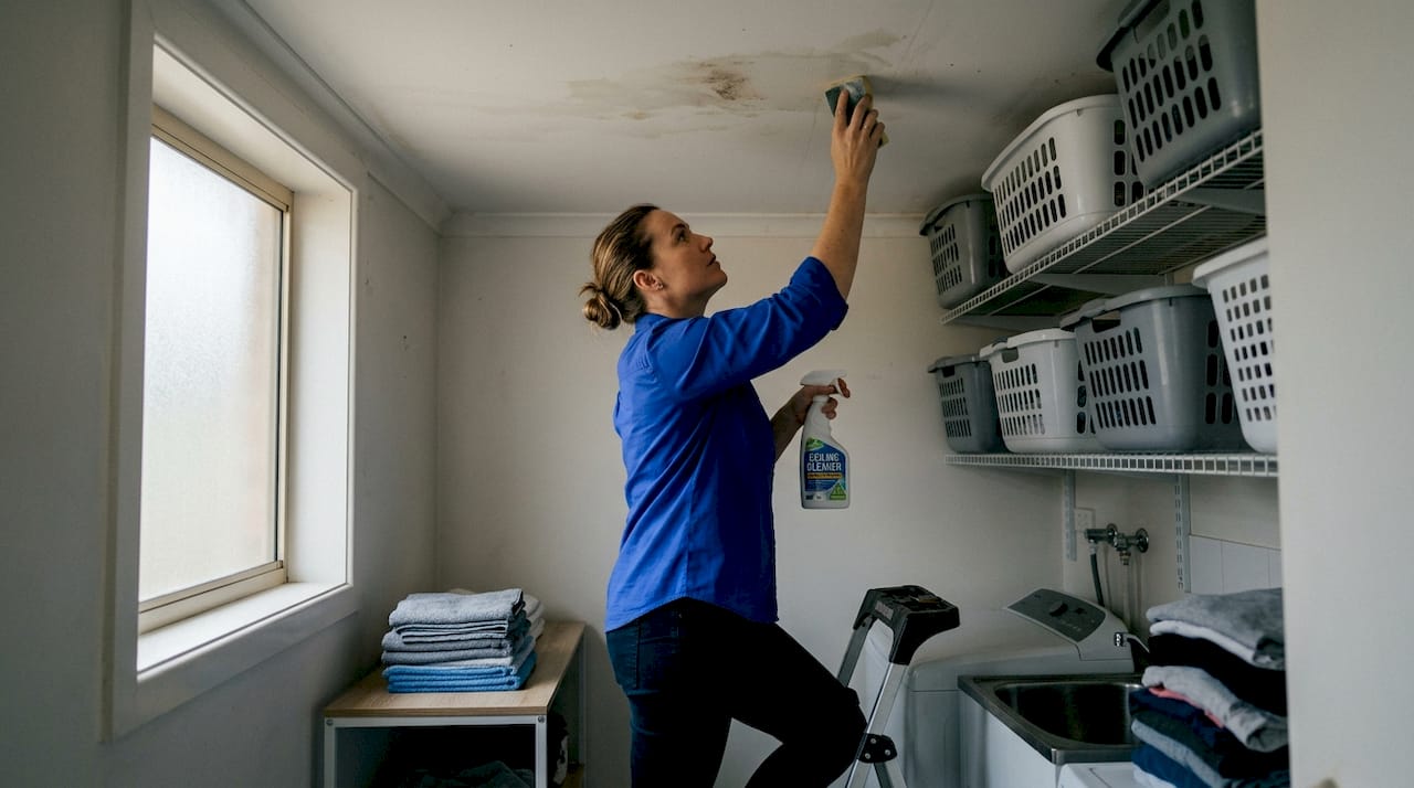 Person cleaning mildew from bathroom ceiling