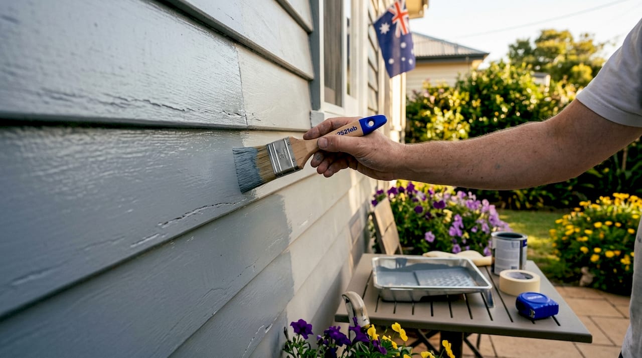 Painter applying reflective paint on heritage home wall
