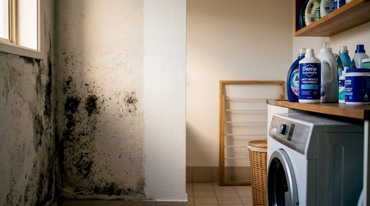 Before and after anti-mould paint on damp wall