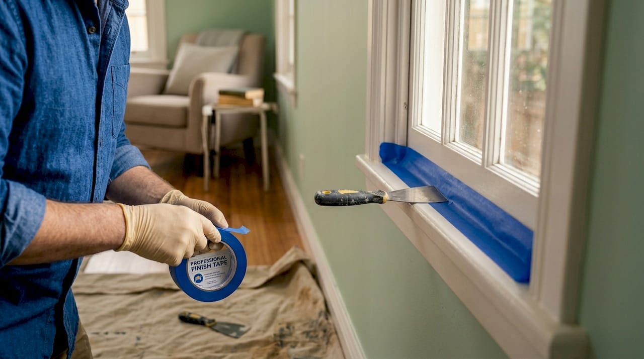 Painter applying tape for surface preparation