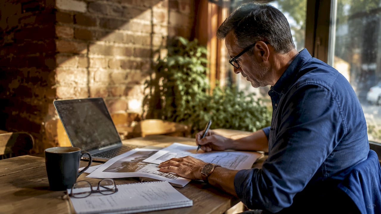 Hands reviewing heritage overlay documents on desk from above