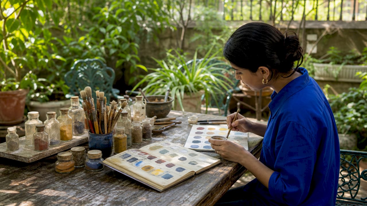 Traditional painting tools and pigments on workbench