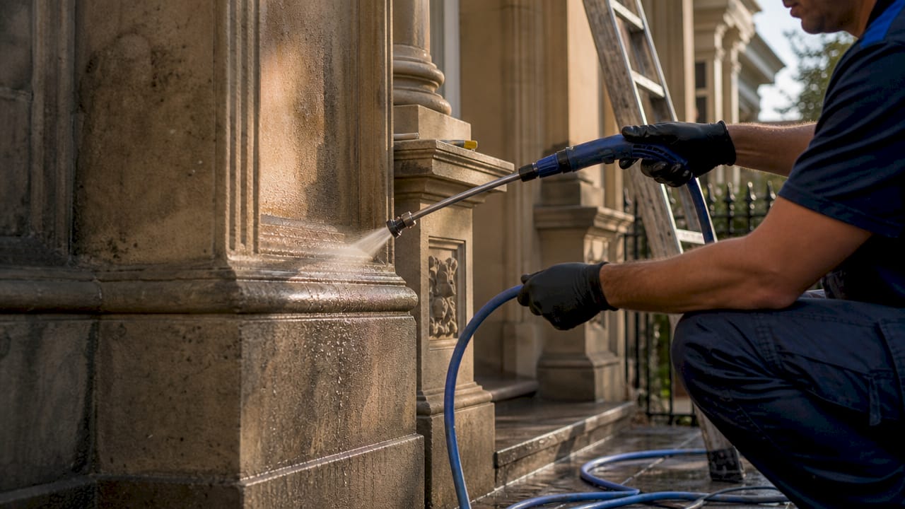 Close-up of masonry cleaning on heritage facade