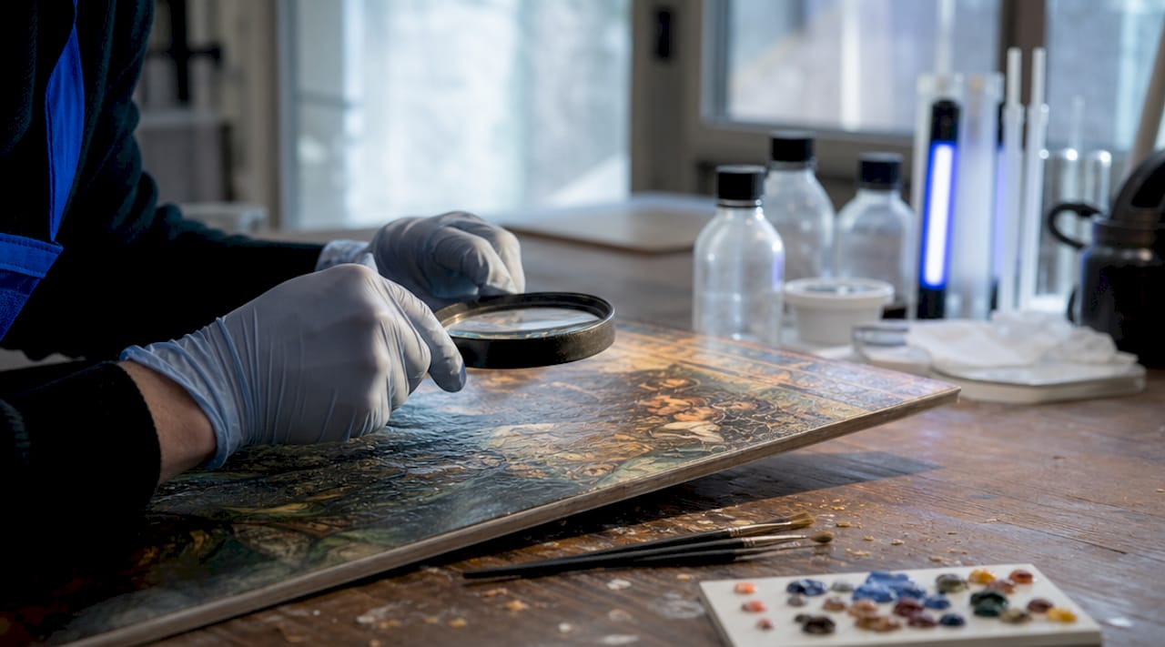 Hands inspecting painted surface closely