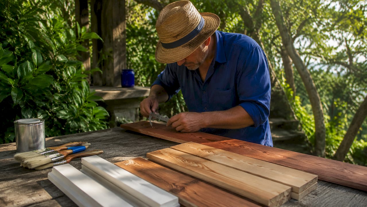 Timber samples and tools for exterior woodwork materials