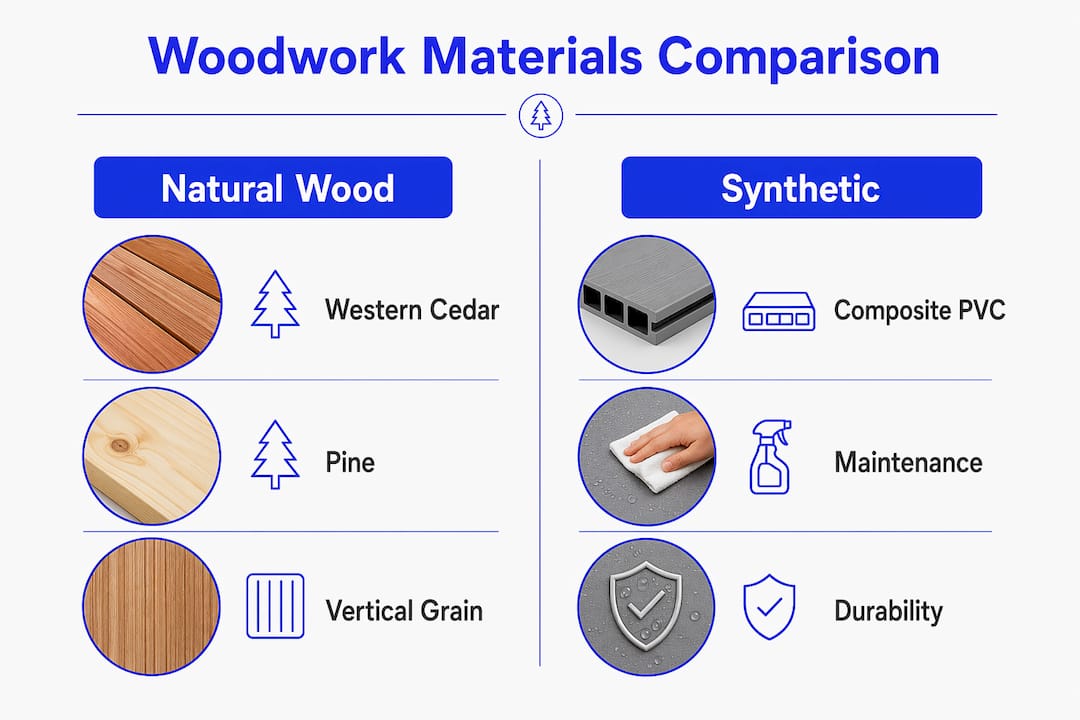 Infographic comparing natural wood and synthetic materials for exterior woodwork