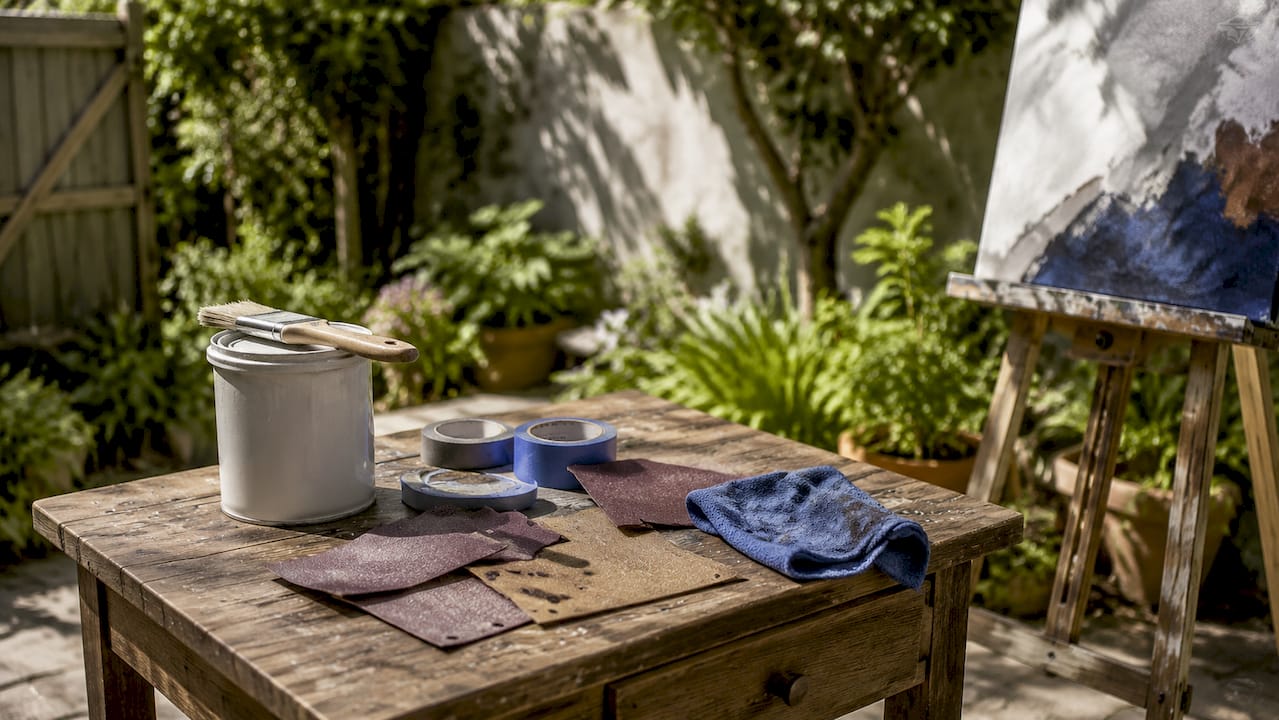 Painting preparation tools on workbench