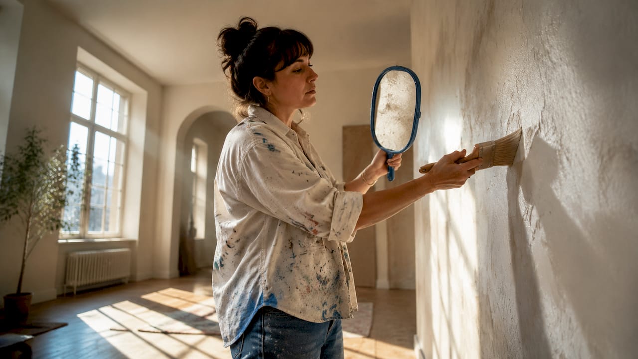 Painter applying limewash with brush on plaster wall