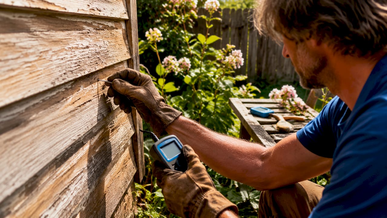Close-up of hands inspecting timber moisture levels