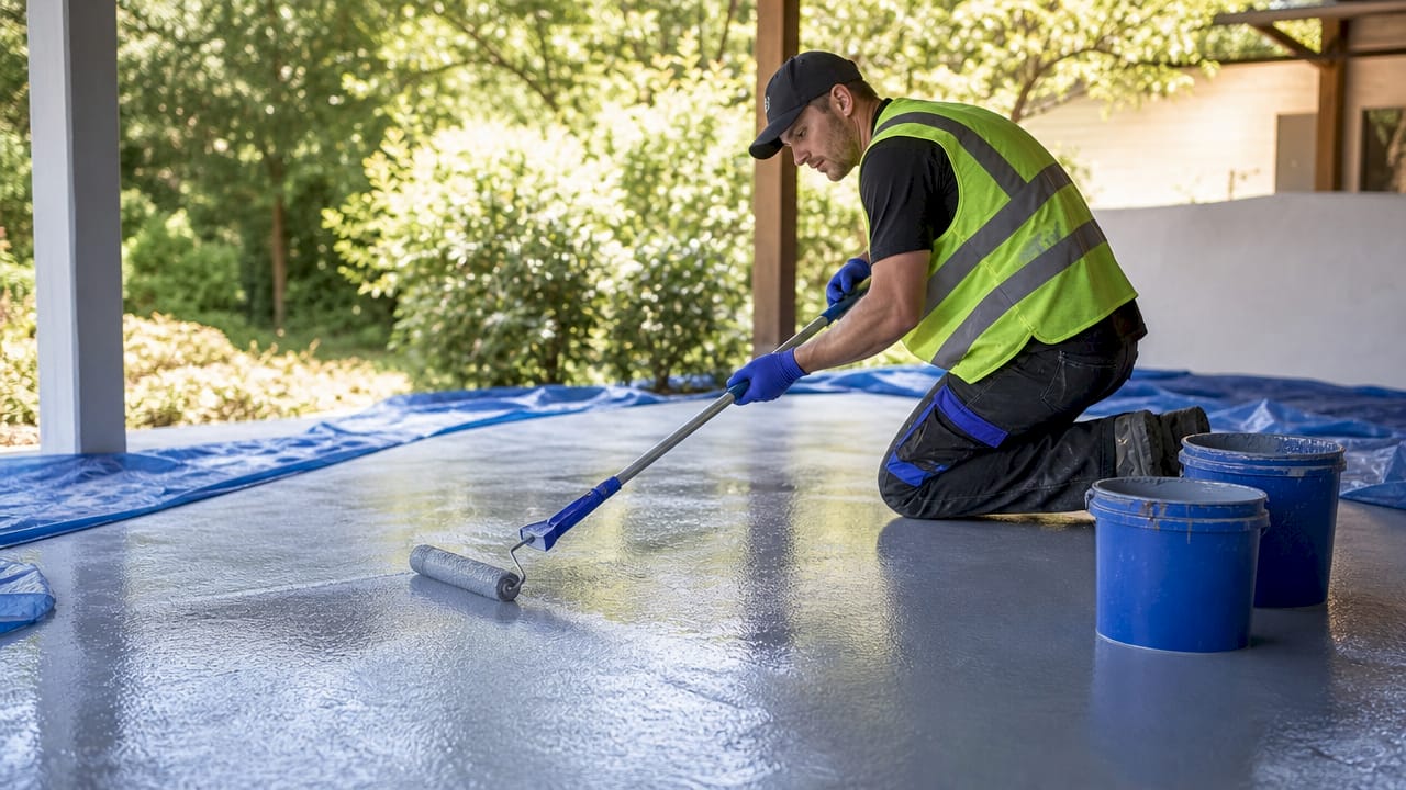 Professional applying epoxy coating to garage floor