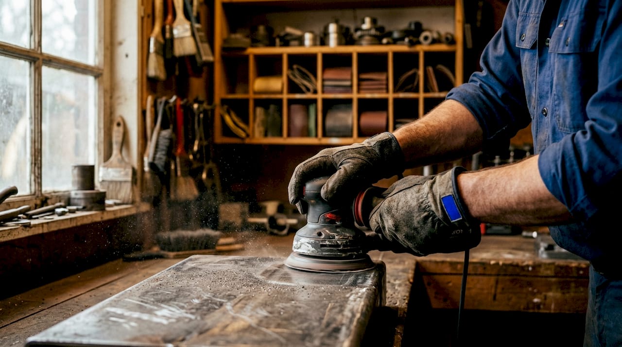 Hands using power sander on metal surface