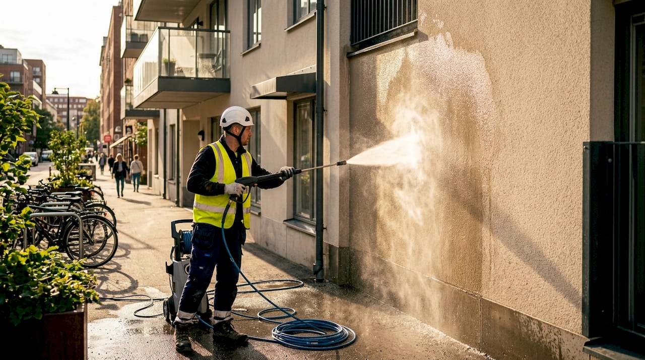 Worker pressure washing apartment exterior wall