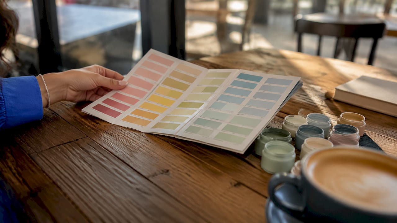 Hand holding paint swatches and sample pots on kitchen counter
