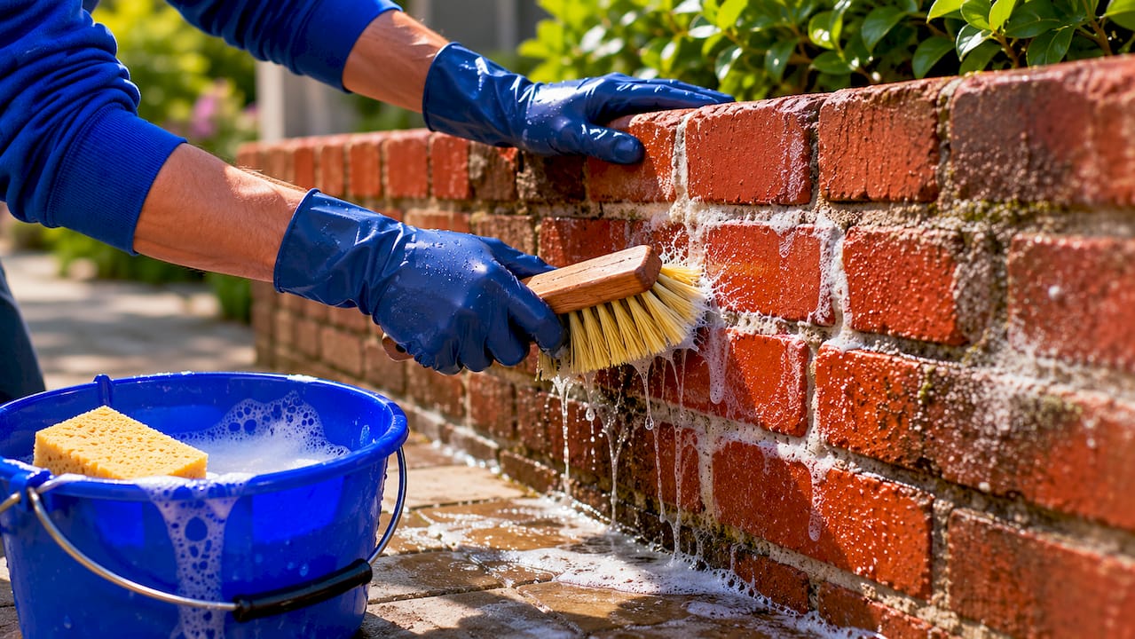Hands scrubbing brick wall surface clean