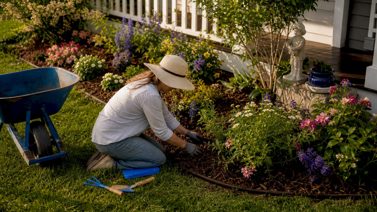 Gardener mulching flower beds to enhance curb appeal