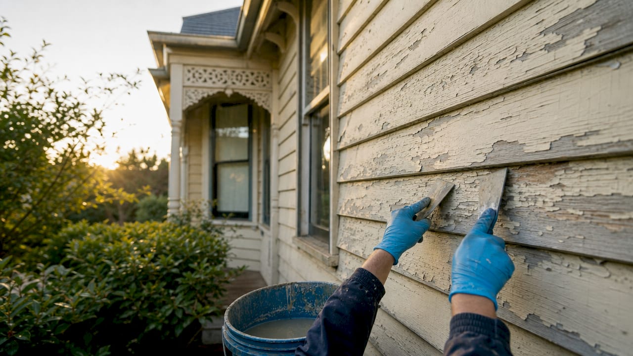 Hands wet scraping paint from timber weatherboard