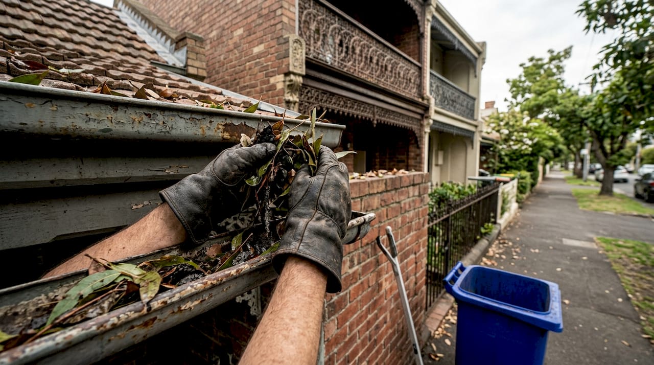 Hands clearing blocked gutter debris