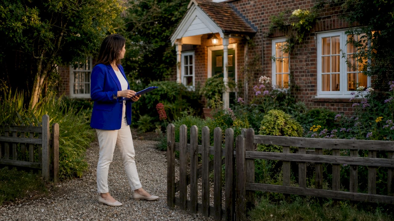 Real estate agent examining home's exterior condition