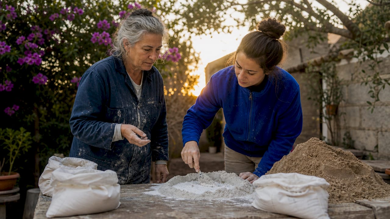 Mentor teaching traditional mortar mixing