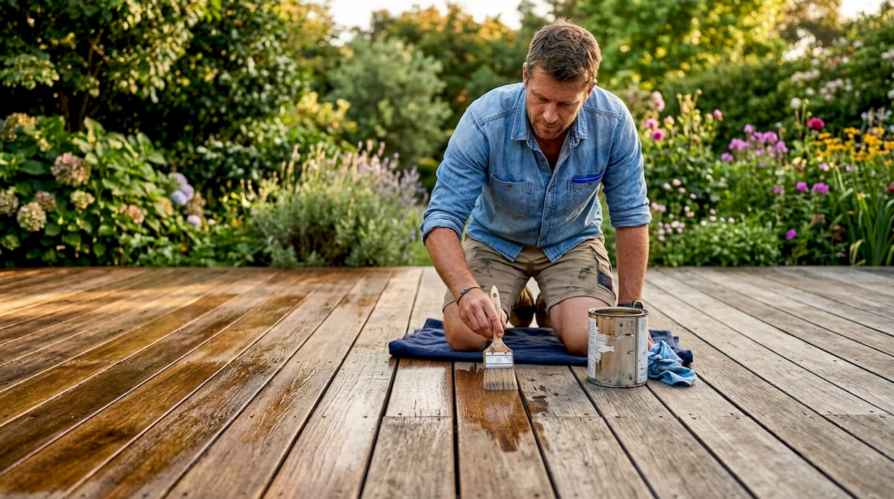 Close-up of hands sealing timber deck surface