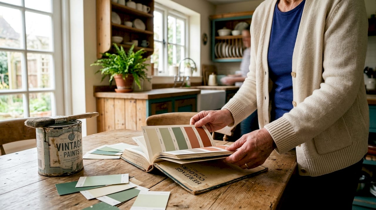 Hands holding heritage paint swatches in home interior
